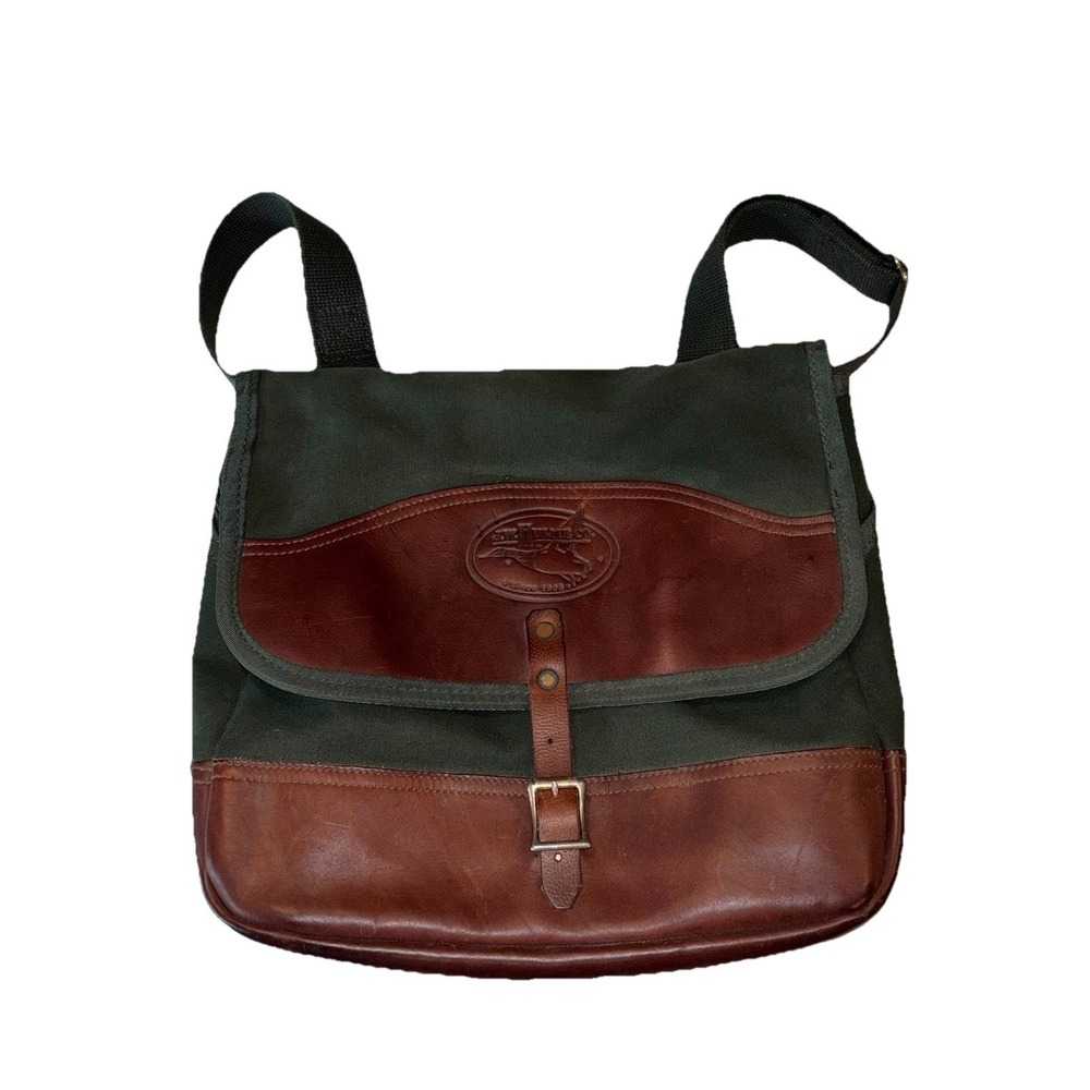 JW HULME CO. Leather & Green Canvas Messenger Crossbody Bag 14" X 11" 6"